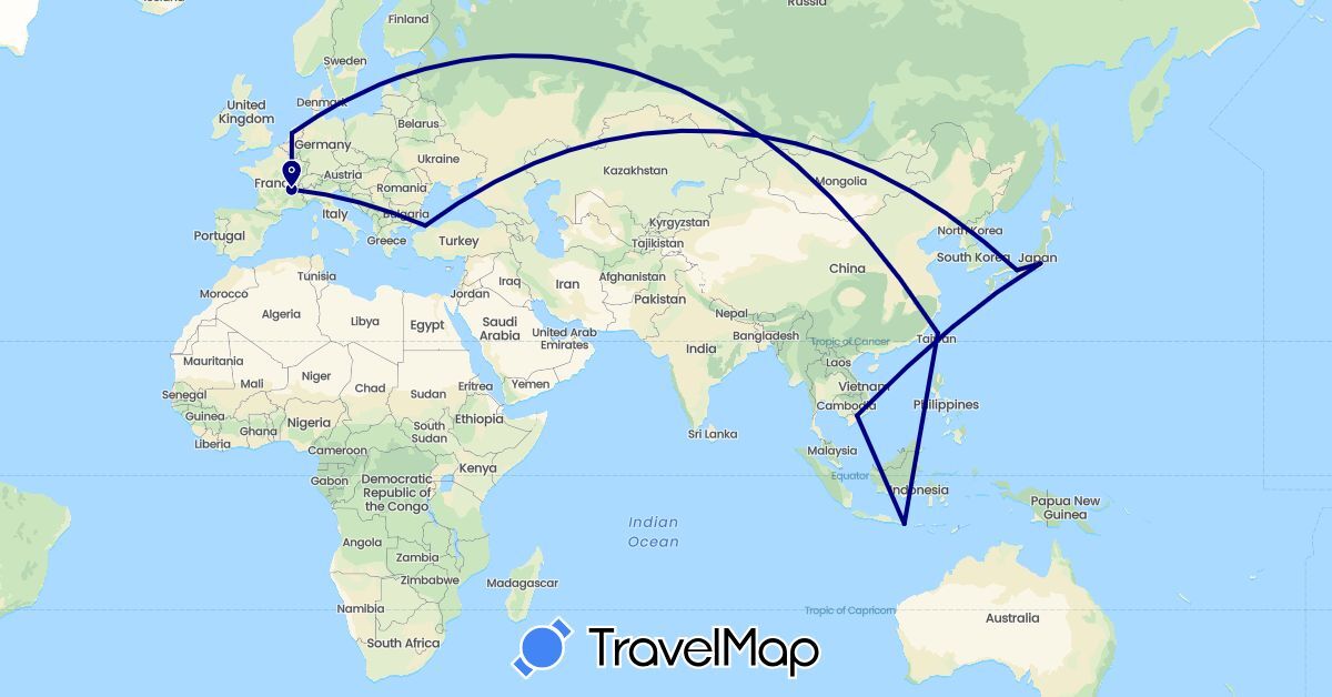 TravelMap itinerary: driving in France, Indonesia, Japan, Netherlands, Turkey, Taiwan, Vietnam (Asia, Europe)